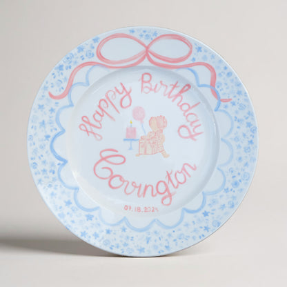 Personalized Birthday Plate for Baby Girl – Custom Ceramic Plate with Sitting Girl, Cake and Name – Hand Painted 1st Birthday Keepsake |P021