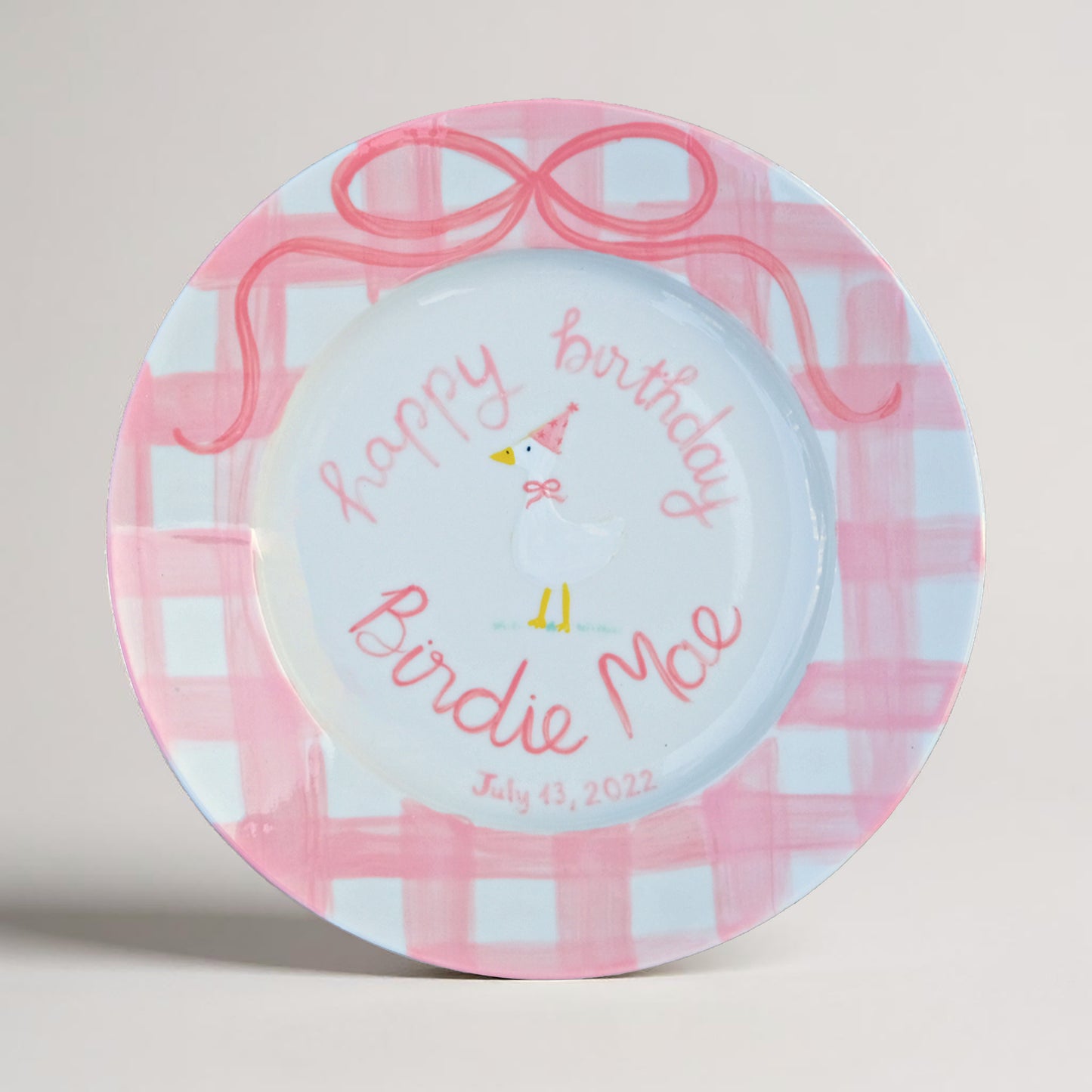 Personalized Birthday Plate for Baby Girl – Custom Ceramic Plate with Duck, Pink Gingham Border, Name and Bow – Hand Painted Keepsake | P022
