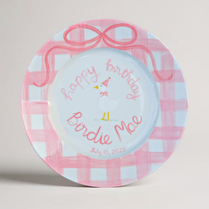 Personalized Birthday Plate for Baby Girl – Custom Ceramic Plate with Duck, Pink Gingham Border, Name and Bow – Hand Painted Keepsake | P022