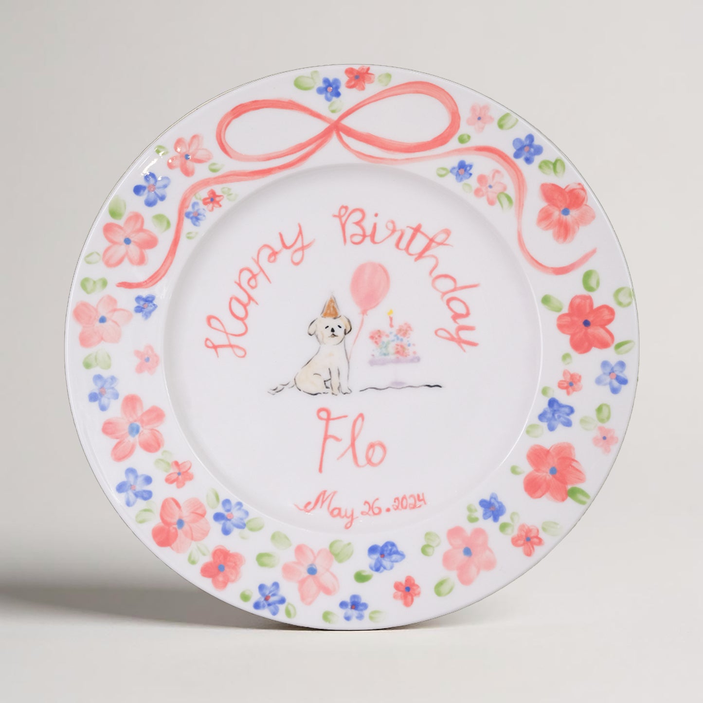 Personalized Birthday Plate for Girls – Hand Painted Ceramic Plate with Dog, Cake, Balloons – Custom Name and Date Gift for Kids | P011