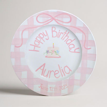 Personalized Birthday Plate for Baby Girl – Custom Pink Gingham Plate with Name, Cake and Bow – Hand Painted Ceramic Keepsake Gift | P018