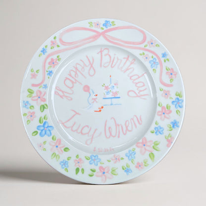 Personalized Birthday Plate for Baby Girl – Custom Floral Ceramic Plate with Duck, Cake and Name – Hand Painted 1st Birthday Keepsake | P017