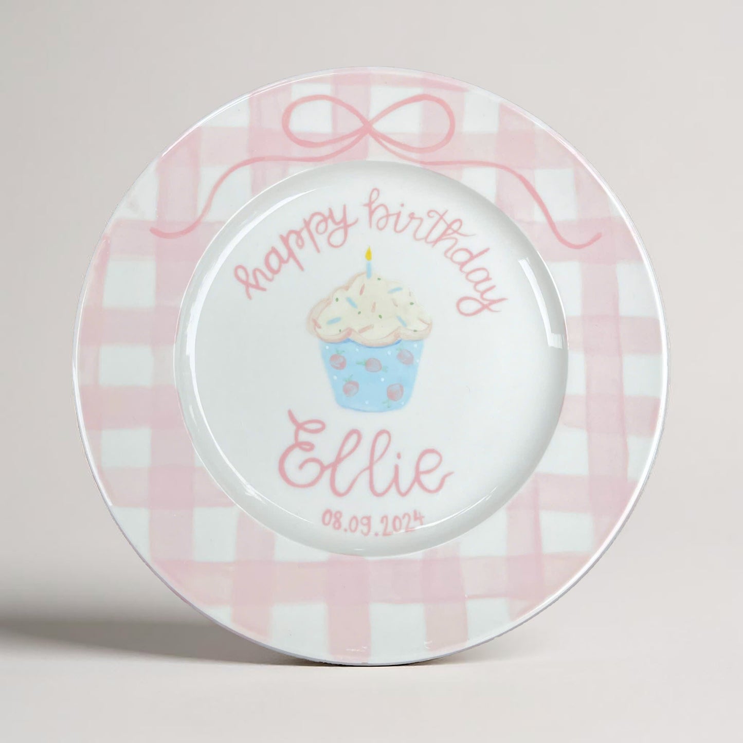 Personalized Birthday Plate for Baby Girl – Pink Gingham Ceramic Plate with Cupcake, Bow and Name – Custom Keepsake for 1st Birthday | P016
