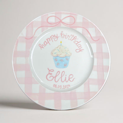 Personalized Birthday Plate for Baby Girl – Pink Gingham Ceramic Plate with Cupcake, Bow and Name – Custom Keepsake for 1st Birthday | P016