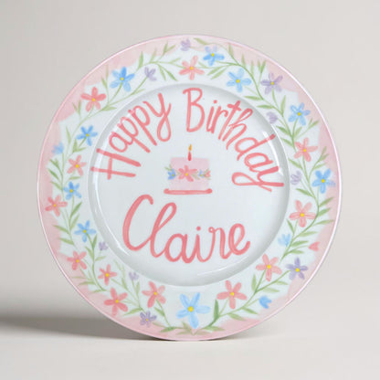 Personalized Flower Birthday Plate for Girls – Hand Painted Pink Ceramic Plate with Flowers and Name – Birthday Keepsake Gift for Kid | P007