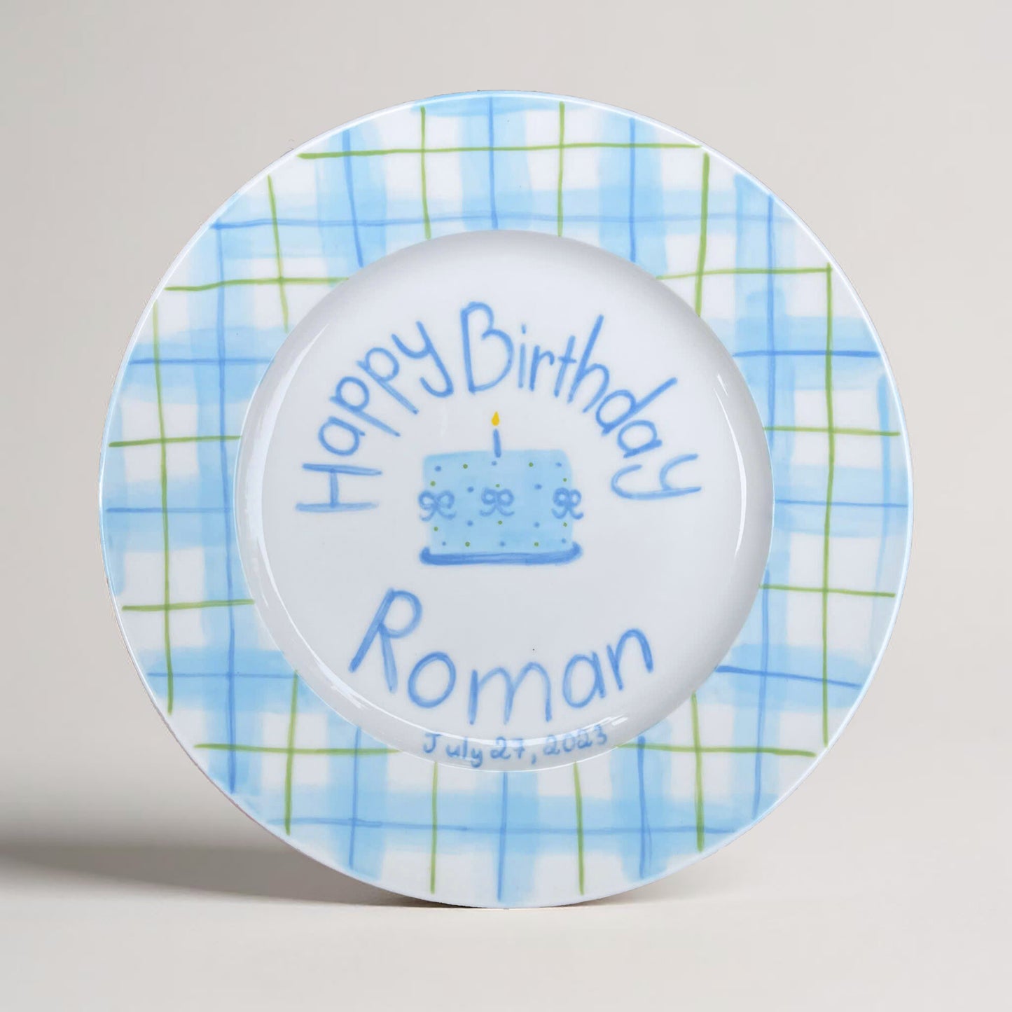 Personalized Birthday Plate for Boys – Custom Kids Plate with Name, Blue Plaid, Hand-Painted Candles, Ceramic Keepsake Gift Idea | P014