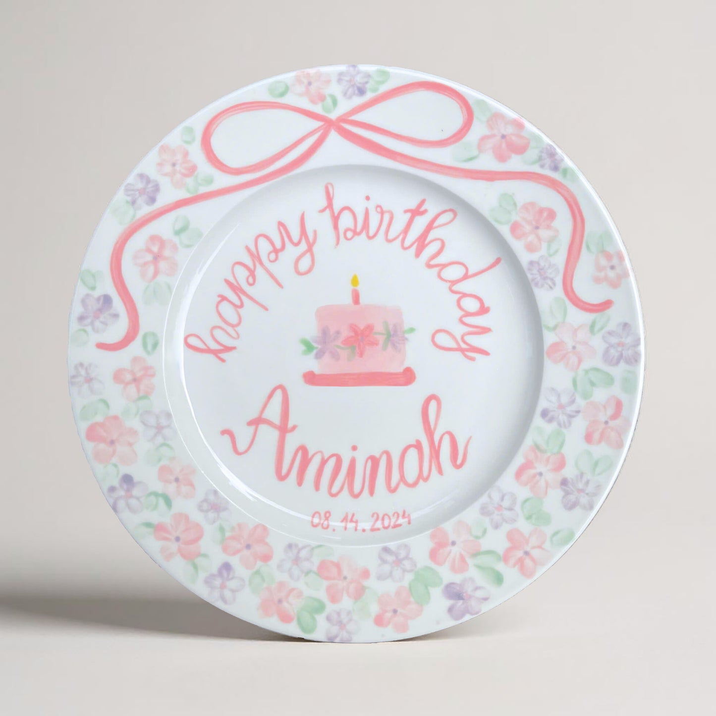 Personalized Birthday Plate for Girls – Hand Painted Ceramic Dish with Dog, Balloons & Cake – Custom Gift with Name Date Keepsake | P010