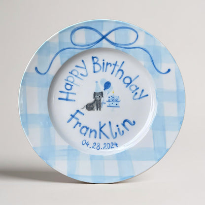 Personalized Dog Birthday Plate – Custom Name, Date & Blue Balloon Cake Design – Hand Painted Ceramic Gift for Kids or Pet Lovers | P003