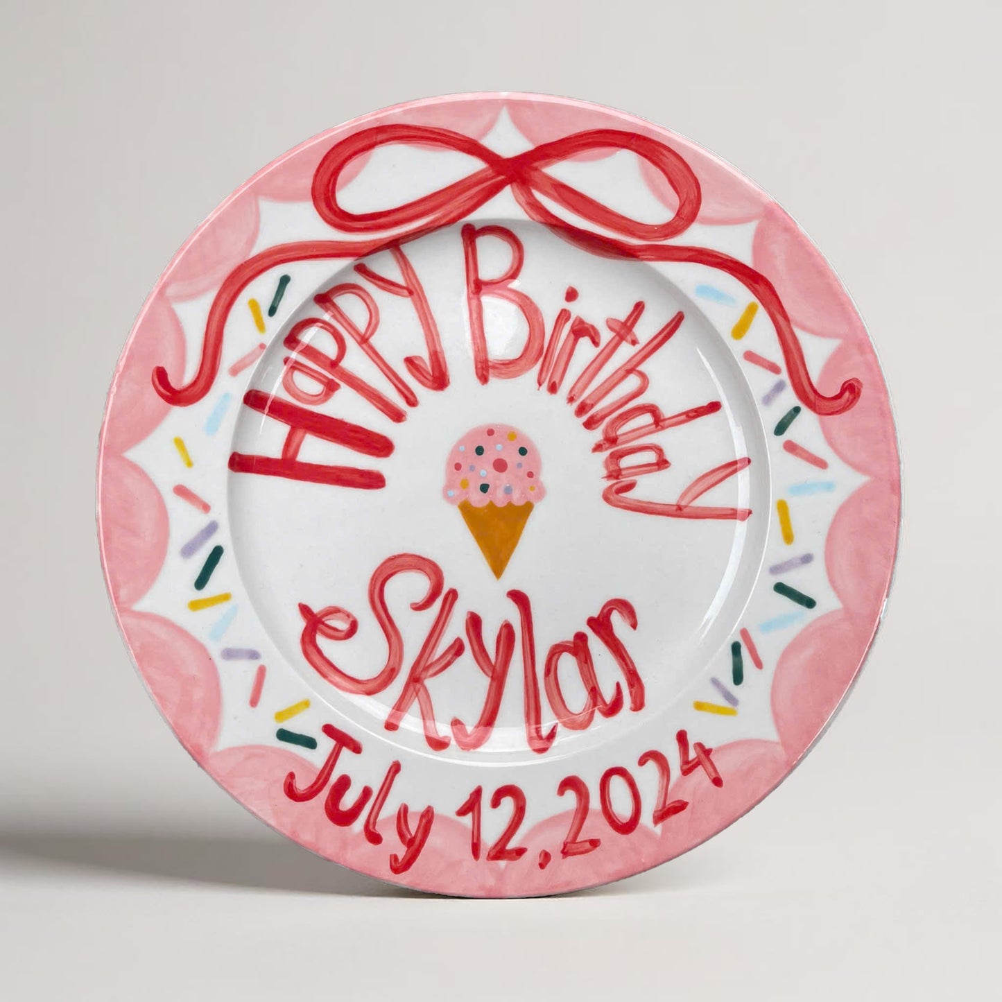 Personalized Birthday Plate for Kids – Hand Painted Ceramic Plate with Ice Cream, Sprinkles and Name – Fun Summer Keepsake Gift Idea | P006