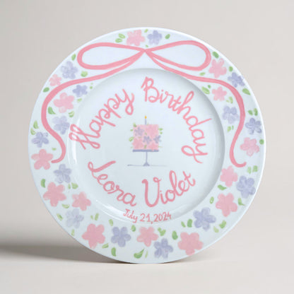 Personalized Birthday Plate for Baby Girl – Hand Painted Floral Ceramic Plate with Cake and Name – Custom Keepsake for 1st Birthday | P020