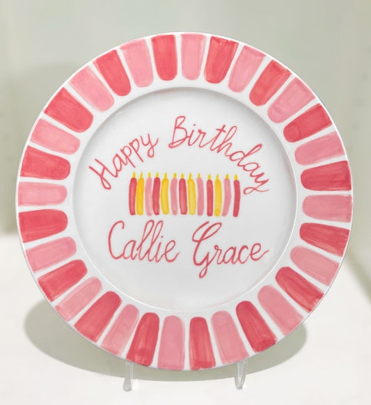 Personalized Birthday Plate for Girls – Hand Painted Ceramic with Pink Candles & Bold Border – Keepsake Gift for Baby or Toddler | P029