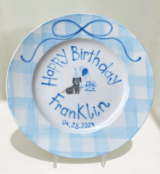 Personalized Dog Birthday Plate – Custom Name, Date & Blue Balloon Cake Design – Hand Painted Ceramic Gift for Kids or Pet Lovers | P003