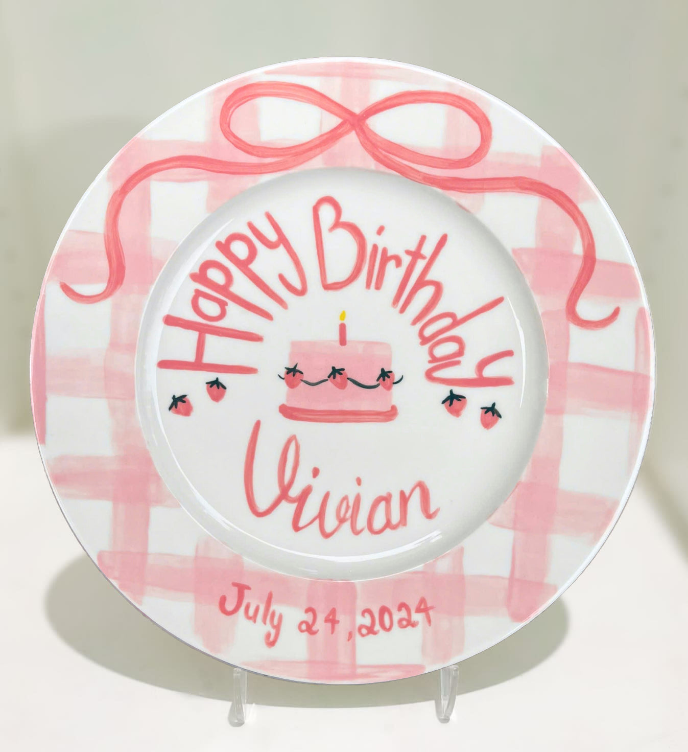 Personalized Birthday Plate for Girls – Custom Strawberry Pink Keepsake Gift – Hand Painted Ceramic Dish – Gift for Her Special Day | P008
