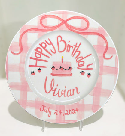 Personalized Birthday Plate for Girls – Custom Strawberry Pink Keepsake Gift – Hand Painted Ceramic Dish – Gift for Her Special Day | P008
