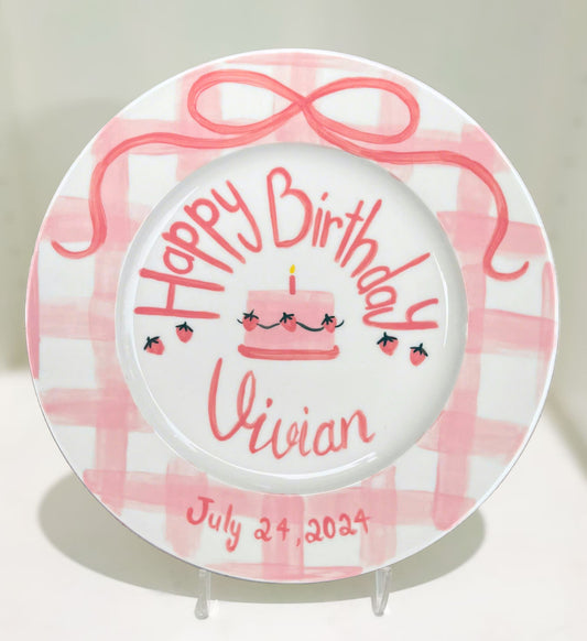 Personalized Birthday Plate for Girls – Custom Strawberry Pink Keepsake Gift – Hand Painted Ceramic Dish – Gift for Her Special Day | P008