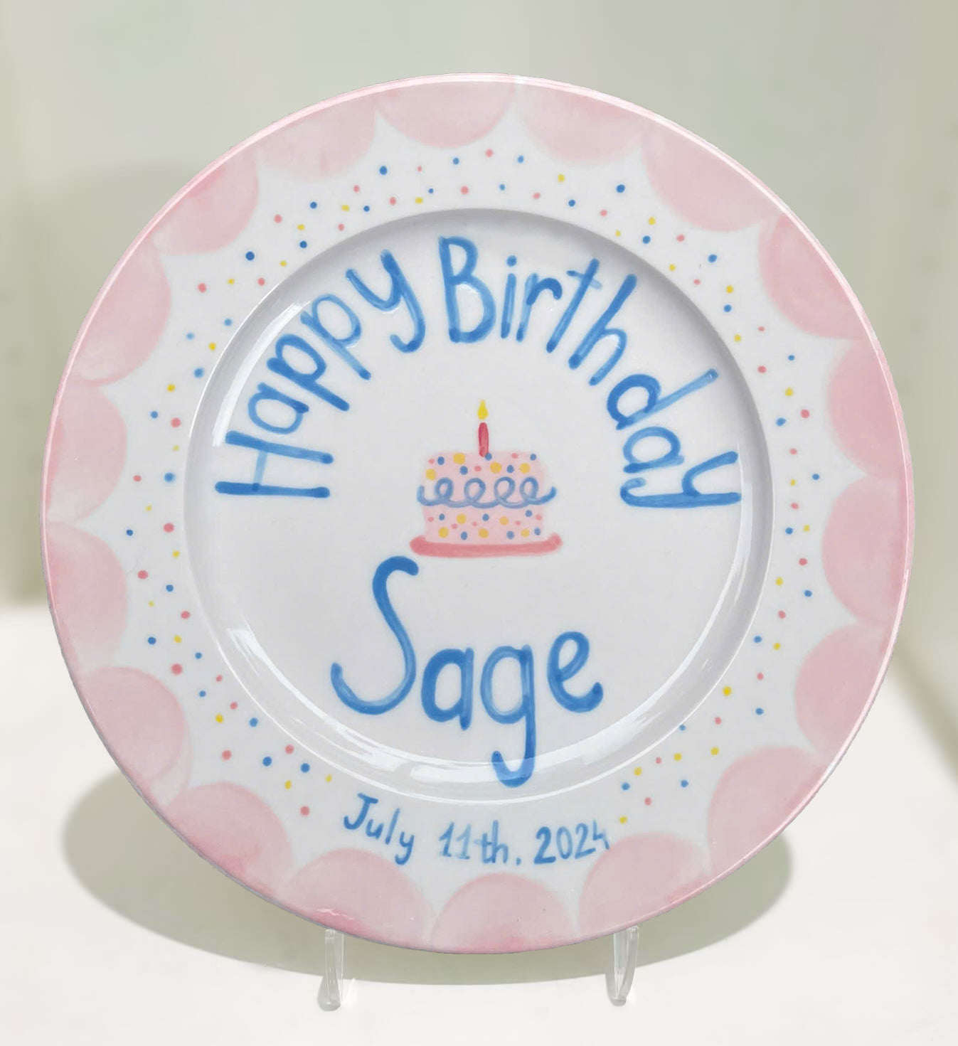 Custom Birthday Plate for Girls – Hand Painted Pink & Blue Ceramic Dish – Personalized Gift with Name Date – Keepsake for Kids | P009
