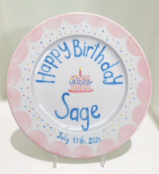 Custom Birthday Plate for Girls – Hand Painted Pink & Blue Ceramic Dish – Personalized Gift with Name Date – Keepsake for Kids | P009