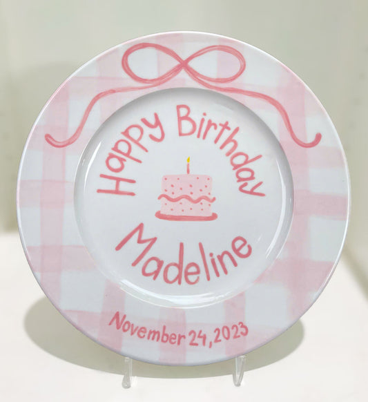 Personalized Pink Birthday Plate – Custom Name and Date – Hand Painted Ceramic Gift for Girls with Cake Ribbon Design as keepsake | P004
