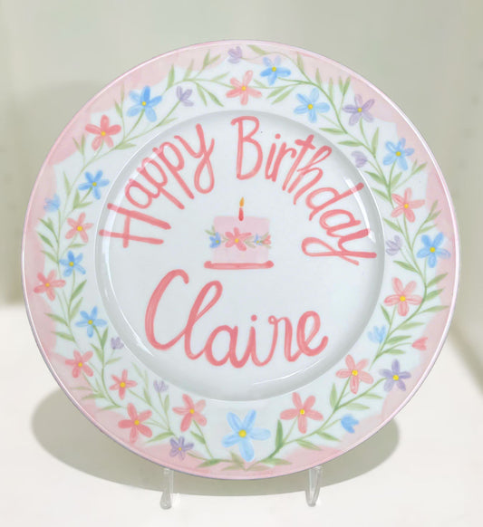 Personalized Flower Birthday Plate for Girls – Hand Painted Pink Ceramic Plate with Flowers and Name – Birthday Keepsake Gift for Kid | P007