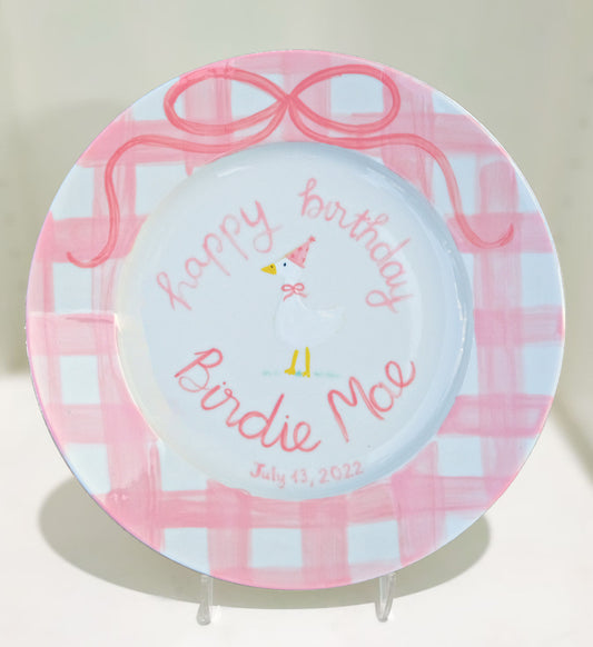 Personalized Birthday Plate for Baby Girl – Custom Ceramic Plate with Duck, Pink Gingham Border, Name and Bow – Hand Painted Keepsake | P022