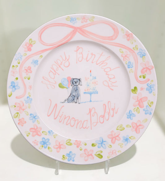 Personalized Birthday Plate with Dog and Cake – Custom Ceramic Plate for Baby Girl with Name, Floral Border and Bow–Keepsake Gift Idea |P019