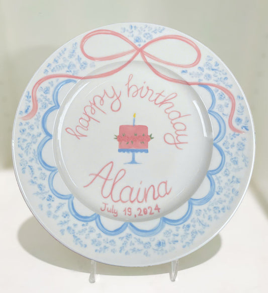 Personalized Birthday Plate for Girls – Custom Pink Cake Plate with Name, Floral Edge, Hand-Painted Ceramic Keepsake Gift Idea | P015