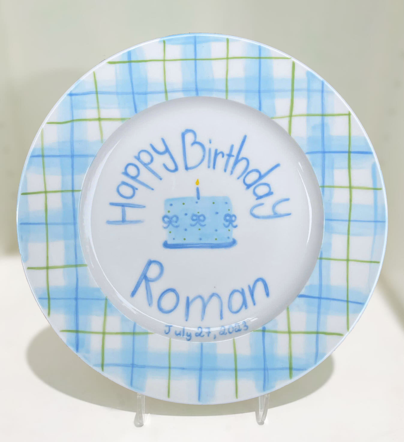 Personalized Birthday Plate for Boys – Custom Kids Plate with Name, Blue Plaid, Hand-Painted Candles, Ceramic Keepsake Gift Idea | P014