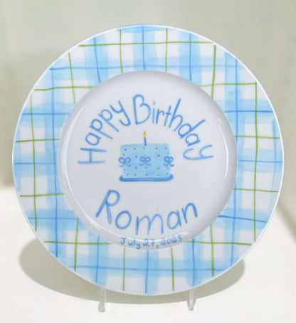 Personalized Birthday Plate for Boys – Custom Kids Plate with Name, Blue Plaid, Hand-Painted Candles, Ceramic Keepsake Gift Idea | P014