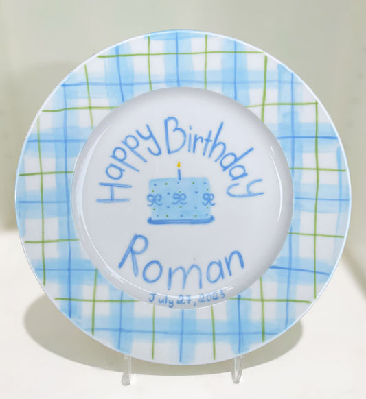Personalized Birthday Plate for Boys – Custom Kids Plate with Name, Blue Plaid, Hand-Painted Candles, Ceramic Keepsake Gift Idea | P014