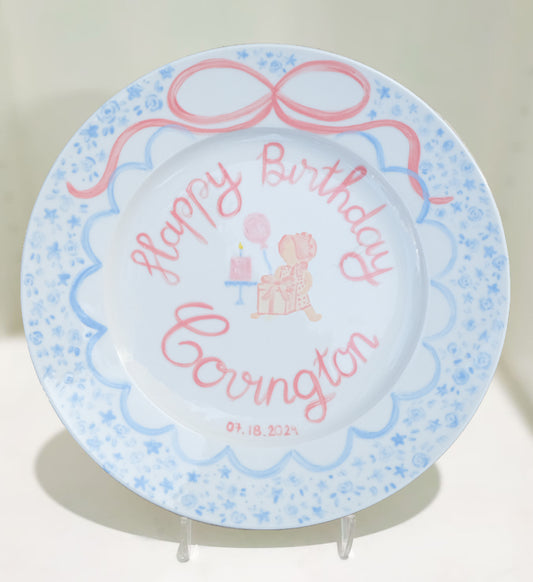 Personalized Birthday Plate for Baby Girl – Custom Ceramic Plate with Sitting Girl, Cake and Name – Hand Painted 1st Birthday Keepsake |P021