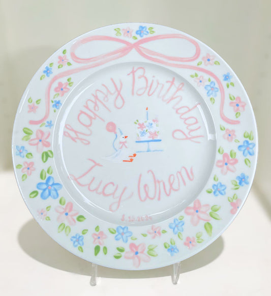 Personalized Birthday Plate for Baby Girl – Custom Floral Ceramic Plate with Duck, Cake and Name – Hand Painted 1st Birthday Keepsake | P017