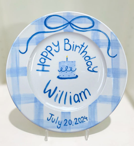 Custom Blue Birthday Plate – Hand Painted Ceramic Gift with Name, Date&Candle Cake – Unique Keepsake for Baby, Kids or First Birthday | P001