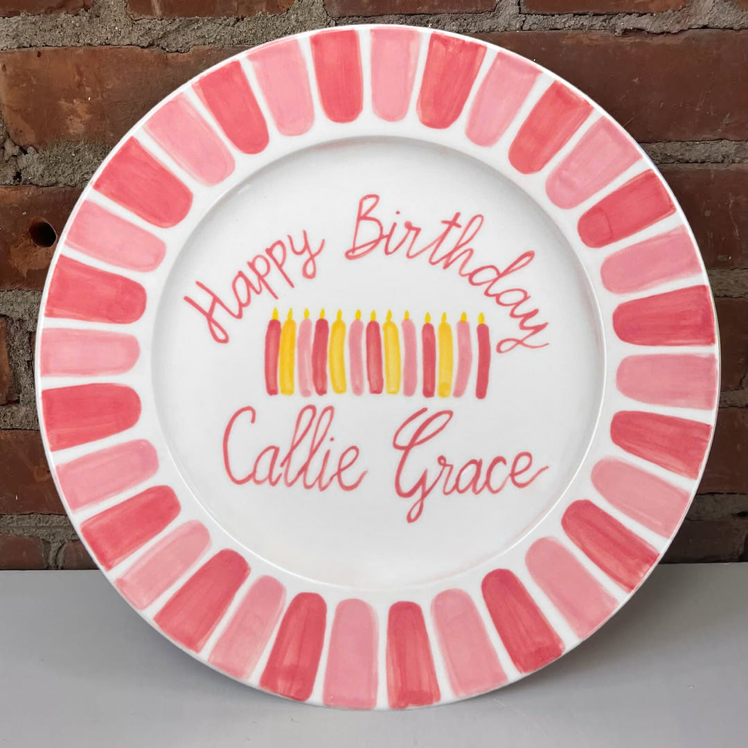 Personalized Birthday Plate for Girls – Hand Painted Ceramic with Pink Candles & Bold Border – Keepsake Gift for Baby or Toddler | P029