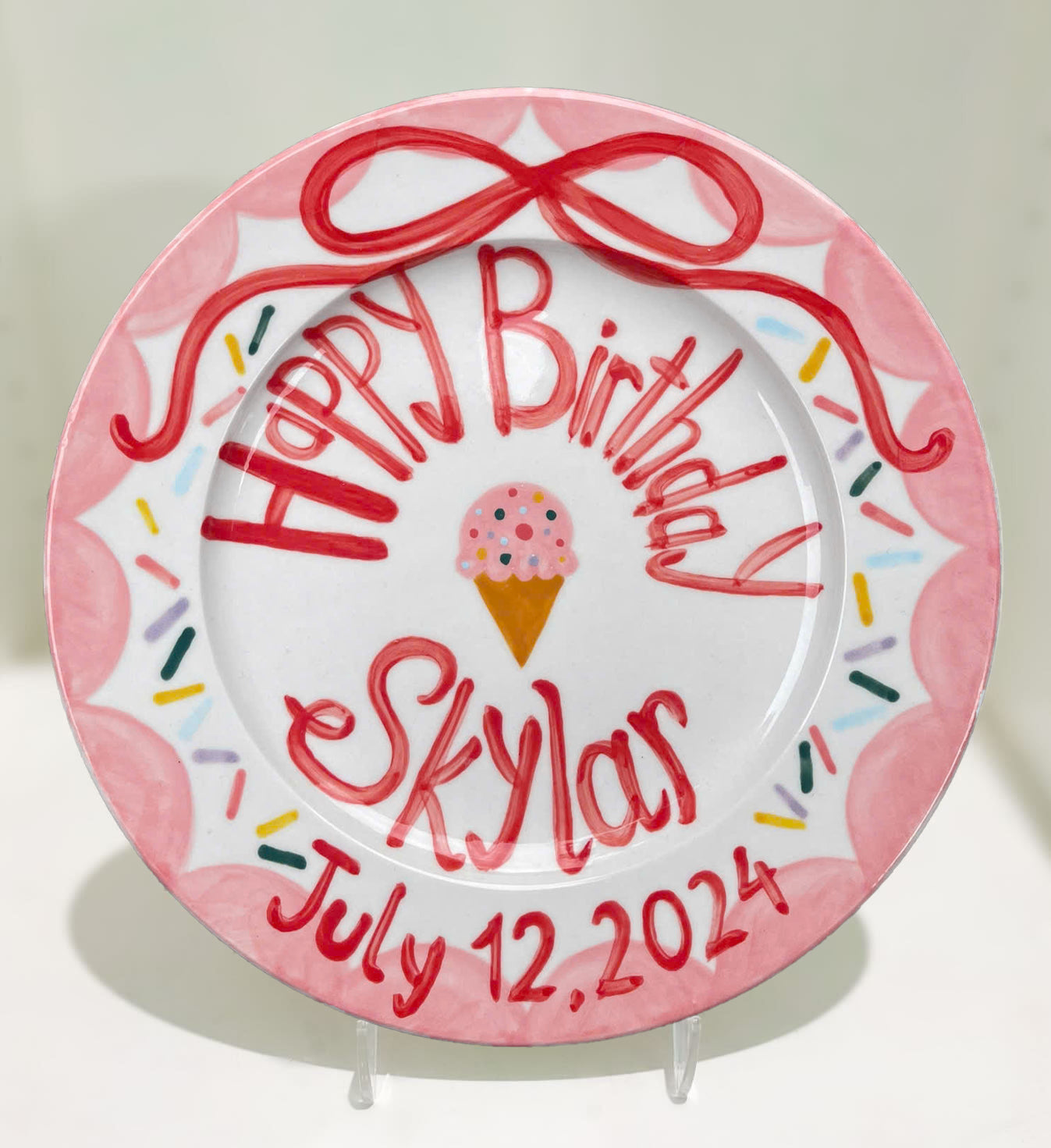 Personalized Birthday Plate for Kids – Hand Painted Ceramic Plate with Ice Cream, Sprinkles and Name – Fun Summer Keepsake Gift Idea | P006