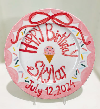 Personalized Birthday Plate for Kids – Hand Painted Ceramic Plate with Ice Cream, Sprinkles and Name – Fun Summer Keepsake Gift Idea | P006