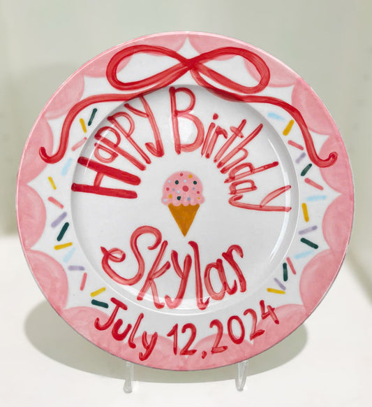 Personalized Birthday Plate for Kids – Hand Painted Ceramic Plate with Ice Cream, Sprinkles and Name – Fun Summer Keepsake Gift Idea | P006