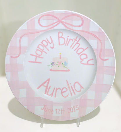 Personalized Birthday Plate for Baby Girl – Custom Pink Gingham Plate with Name, Cake and Bow – Hand Painted Ceramic Keepsake Gift | P018