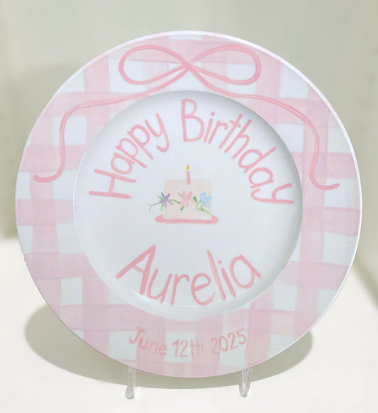 Personalized Birthday Plate for Baby Girl – Custom Pink Gingham Plate with Name, Cake and Bow – Hand Painted Ceramic Keepsake Gift | P018