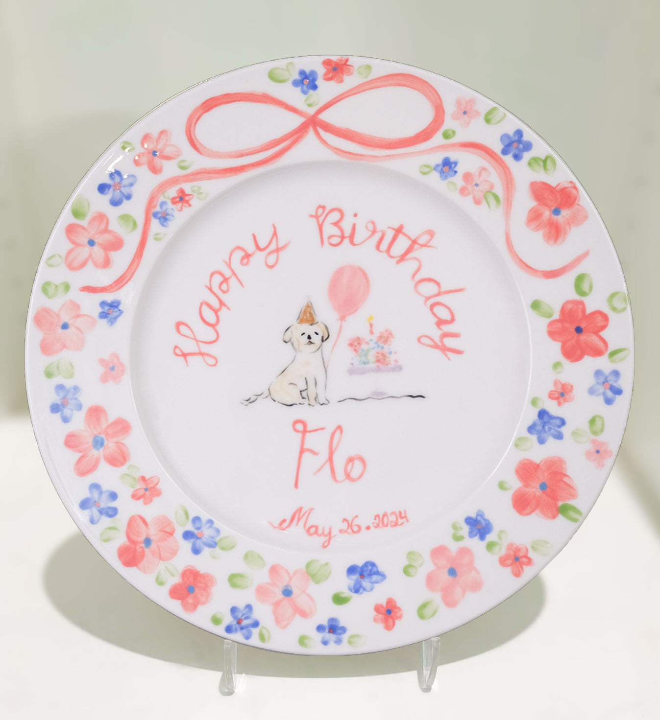 Personalized Birthday Plate for Girls – Hand Painted Ceramic Plate with Dog, Cake, Balloons – Custom Name and Date Gift for Kids | P011