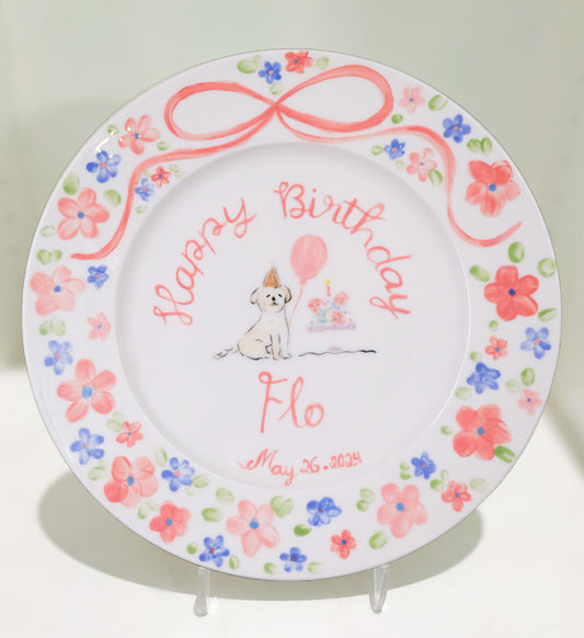 Personalized Birthday Plate for Girls – Hand Painted Ceramic Plate with Dog, Cake, Balloons – Custom Name and Date Gift for Kids | P011