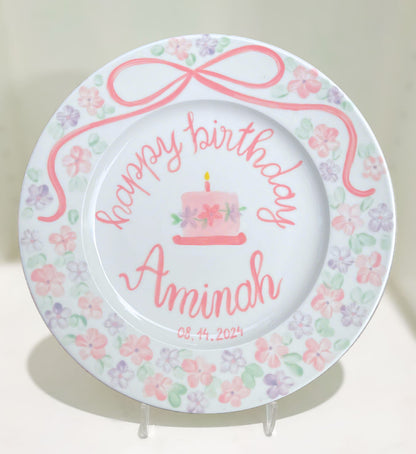 Personalized Birthday Plate for Girls – Hand Painted Ceramic Dish with Dog, Balloons & Cake – Custom Gift with Name Date Keepsake | P010