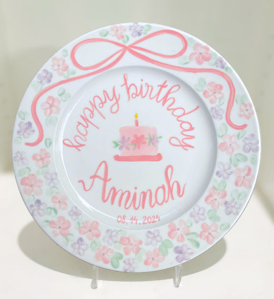 Personalized Birthday Plate for Girls – Hand Painted Ceramic Dish with Dog, Balloons & Cake – Custom Gift with Name Date Keepsake | P010