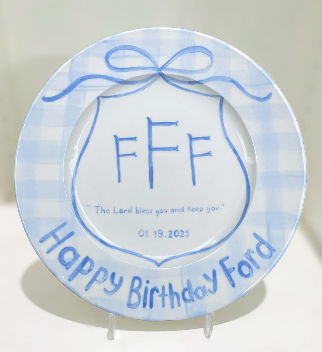 Custom Birthday Plate for Boys – Personalized Ceramic Plate with Name, Monogram, Gingham Blue Bow, Bible Verse – Gift for Kids | P013