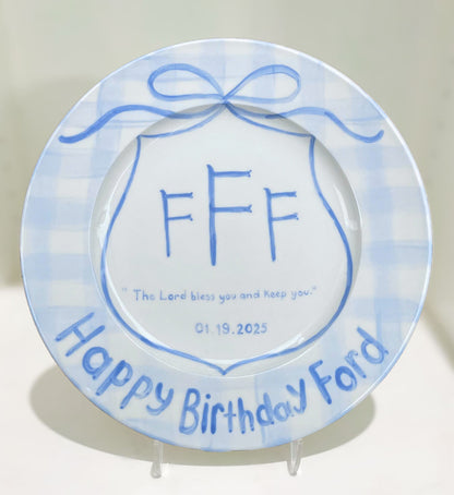 Custom Birthday Plate for Boys – Personalized Ceramic Plate with Name, Monogram, Gingham Blue Bow, Bible Verse – Gift for Kids | P013
