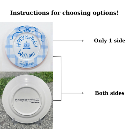 Custom Birthday Plate for Boys – Personalized Ceramic Plate with Name, Monogram, Gingham Blue Bow, Bible Verse – Gift for Kids | P013