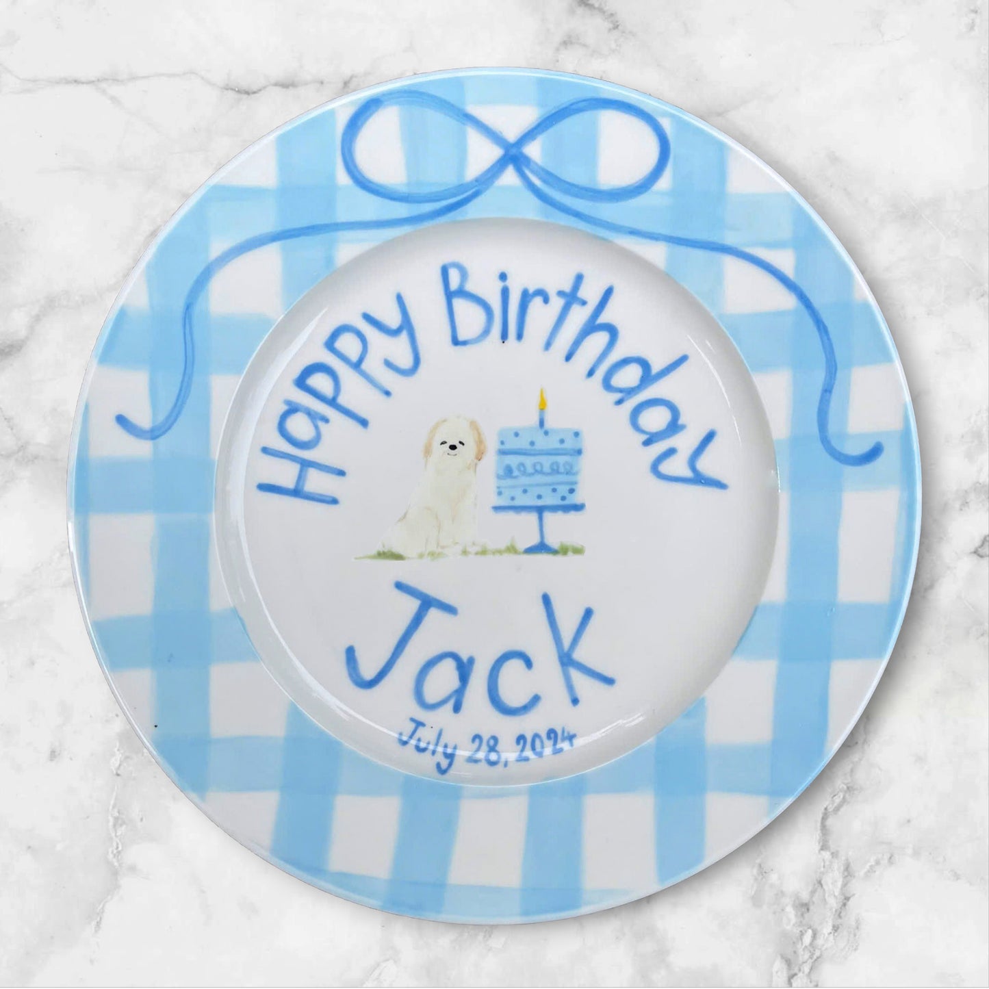 Custom Dog Birthday Plate – Hand Painted Keepsake with Name, Date, Cake & Pet – Personalized Ceramic Gift for Kids or Pet Lovers | P002