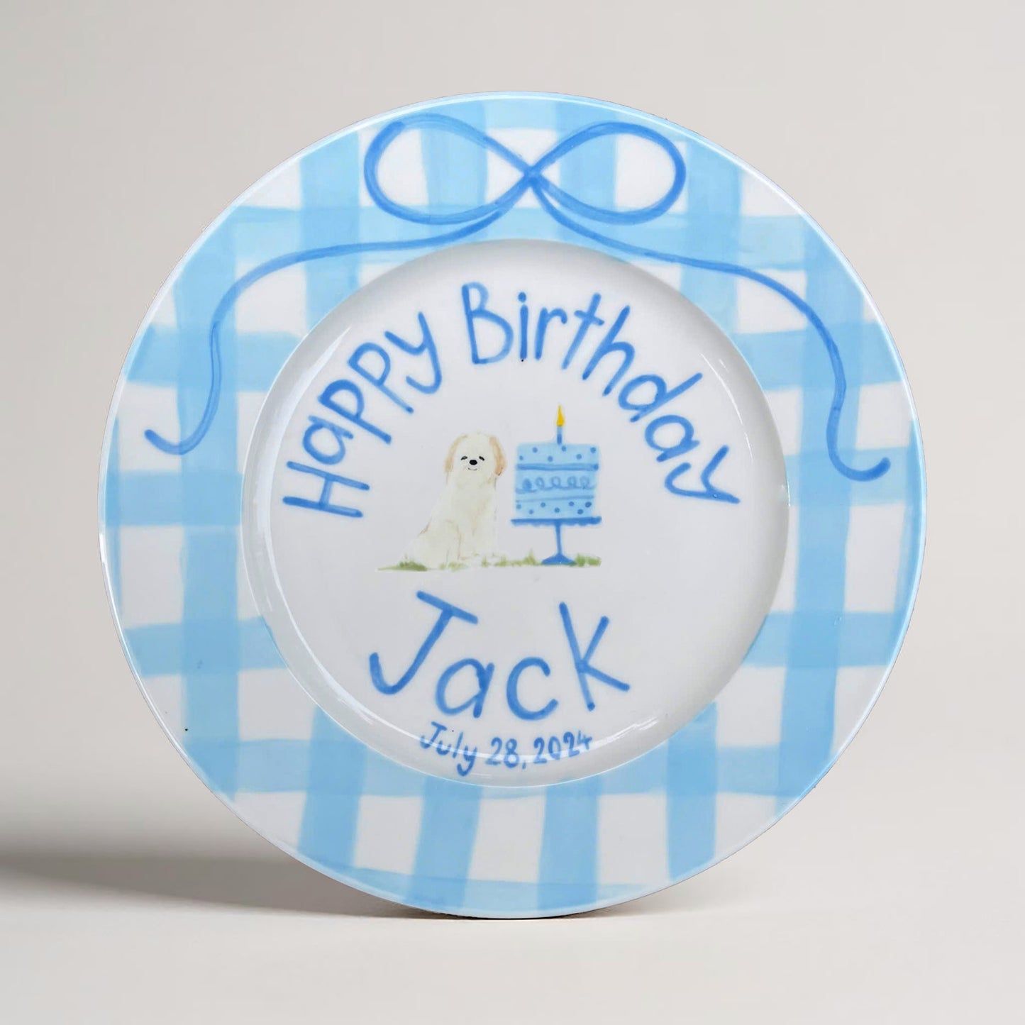 Custom Dog Birthday Plate – Hand Painted Keepsake with Name, Date, Cake & Pet – Personalized Ceramic Gift for Kids or Pet Lovers | P002