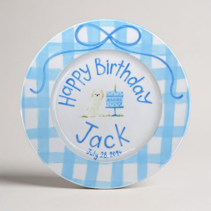 Custom Dog Birthday Plate – Hand Painted Keepsake with Name, Date, Cake & Pet – Personalized Ceramic Gift for Kids or Pet Lovers | P002