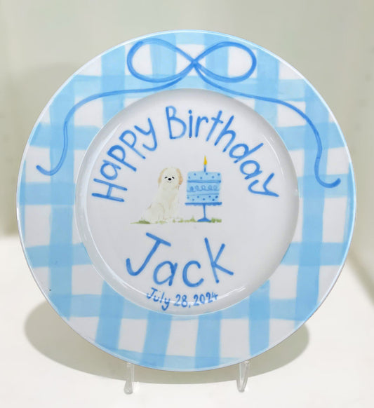 Custom Dog Birthday Plate – Hand Painted Keepsake with Name, Date, Cake & Pet – Personalized Ceramic Gift for Kids or Pet Lovers | P002