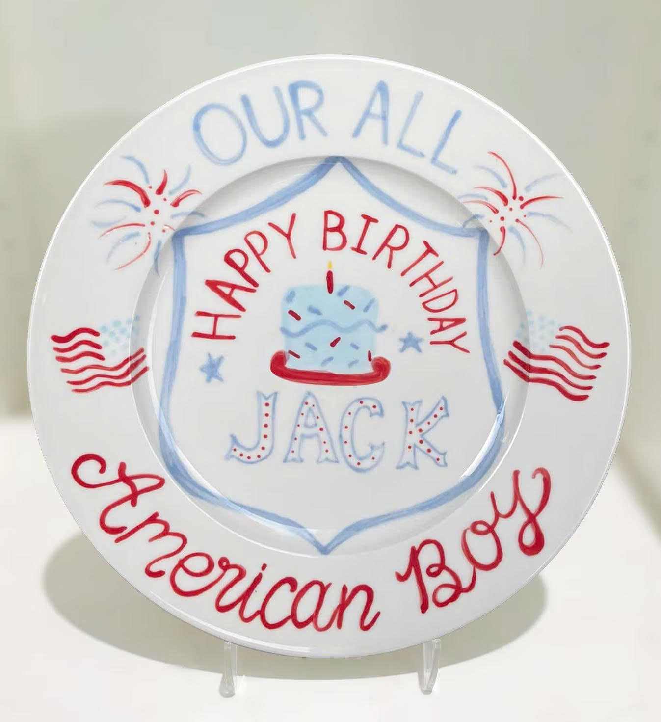 Patriotic Birthday Plate for Boys – Custom Name Keepsake – USA Themed Hand Painted Ceramic Gift with Flags, Cake & Fireworks | P005